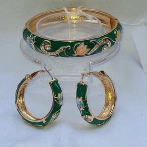 White Austrian Crystal and Green Enameled Earrings and Bangle Bracelet Set